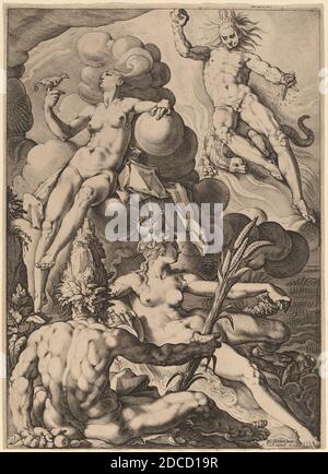 Jacob Matham, (artiste), Néerlandais, 1571 - 1631, Hendrick Goltzius, (artiste après), Néerlandais, 1558 - 1617, les quatre éléments, sujets mythologiques: pl.1, (série), probablement 1588, gravure sur papier couché, feuille: 29.2 x 21.2 cm (11 1/2 x 8 3/8 po Banque D'Images