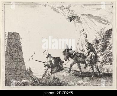 Giovanni Domenico Tiepolo, (artiste), Venetian, 1727 - 1804, The Flight with Obelisk at the left, Flight in Egypt: pl.20, (série), publié en 1753, gravure Banque D'Images