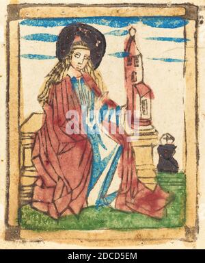 Allemand 15ème siècle, (artiste), Saint Barbara, four Saints de deux séries apparentées, (série), 1460/1470, bois taillé en marron, couleur main dans lac rouge, jaune, vert, bleu, ocre, et or Banque D'Images