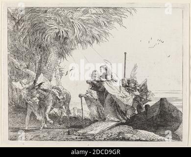 Giovanni Domenico Tiepolo, (artiste), Venetian, 1727 - 1804, débarquement de la Sainte famille, vol en Égypte : pl.18, (série), publié en 1753, gravure Banque D'Images