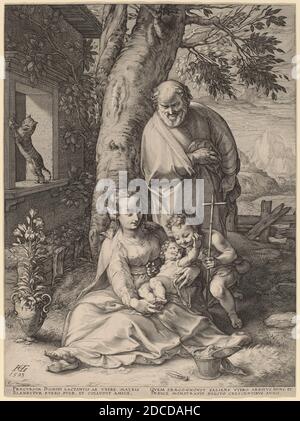 Hendrick Goltzius, (artiste), néerlandais, 1558 - 1617, la Sainte famille avec le bébé Jean-Baptiste, la vie de la Vierge, (série), 1593, gravure Banque D'Images