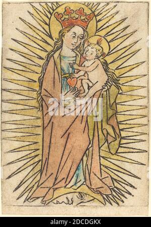 Allemand du XVe siècle, (artiste), la Madonna et l'enfant avec un poire, c. 1440/1460, gravure, couleur à la main en rouge, orange, vert, jaune, bleu et marron clair Banque D'Images