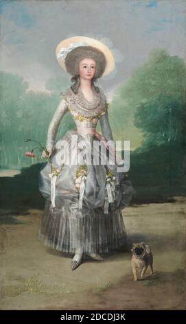 Francisco de Goya, (artiste), espagnol, 1746 - 1828, la Marquesa de Pontejos, c. 1786, huile sur toile, hors tout: 210.3 x 127 cm (82 13/16 x 50 in.), encadré: 231.8 x 146.4 cm (91 1/4 x 57 5/8 in.), arbres, herbe, et arbustes, simplifié presque à l'abstraction, ont mis en place la figure fragile et cintrée de María Ana de Pontejos y Sandoval, la Marquesa de Pontejos. Attestée avec une grande dégoût, elle incarne les femmes de l'aristocratie espagnole qui ont affecté le style « phérdess » de Marie-Antoinette, si populaire dans la France pré-révolutionnaire Banque D'Images