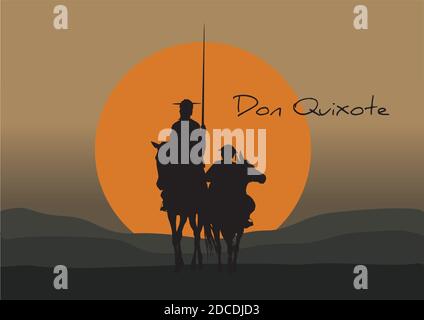 Silhouette de Don Quichotte de la Mancha, romancier espagnol Cervantes, avec moulins à vent et coucher de soleil Illustration de Vecteur