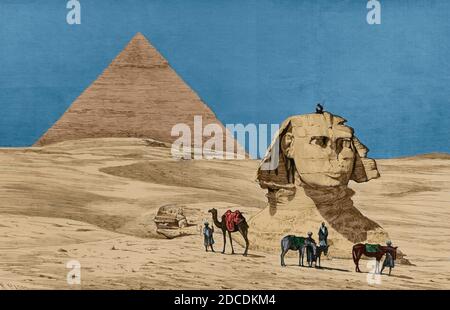 Égypte, Giza. Vue du Sphinx et de la pyramide de Khafre, avant les fouilles menées sous la direction d'Auguste Mariette (1821-1881). Gravure. La Ilustracion Española y Americana, 1881. Coloration ultérieure. Banque D'Images