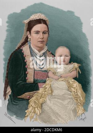 Maria de las Mercedes de Borbon y Habsburgo-Lorena (1880-1904). Infanta d'Espagne et la princesse des Asturies. L'Infanta Maria de las Mercedes dans les bras d'une infirmière humide. Illustration par Badillo. Gravure par Carretero. La Ilustracion Española y Americana, 1881. Coloration ultérieure. Banque D'Images