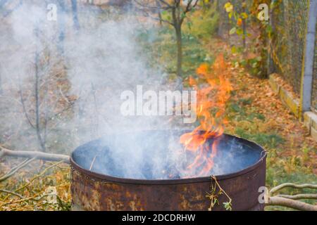 Activité d'automne dans le jardin, feuilles brûlantes, branches et herbe sèche dans un vieux baril rouillé. Pollution de l'air par les agriculteurs de la campagne Banque D'Images