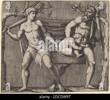 Marcantonio Raimondi, (artiste), Roman, c. 1480 - c. 1534, deux Fauns portant un enfant, gravure Banque D'Images