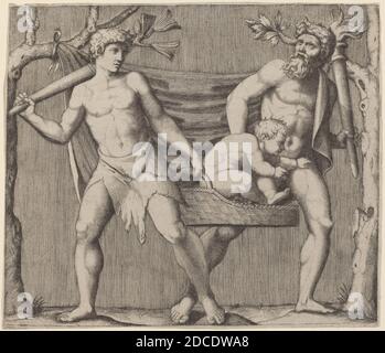 Marcantonio Raimondi, (artiste), Roman, c. 1480 - c. 1534, deux Fauns portant un enfant, gravure Banque D'Images