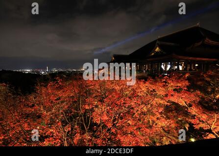 Kyoto, Japon. 20 novembre 2020. Les feuilles d'automne, principalement des érables, sont illuminées au temple de Kiyomizudera, un site du patrimoine mondial de Kyoto, le vendredi 20 novembre 2020. Les gens ont apprécié le feuillage d'automne coloré dans l'ancienne capitale du Japon lors de trois vacances d'automne consécutives. Credit: Yoshio Tsunoda/AFLO/Alay Live News Banque D'Images