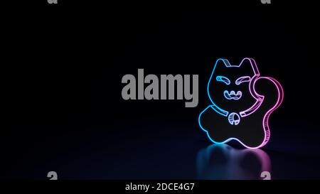 symbole de contour filaire brillant bleu violet techno de rendu 3d de maneki neko mignon chat isolé sur fond noir avec réflexion brillante sur le floo Banque D'Images