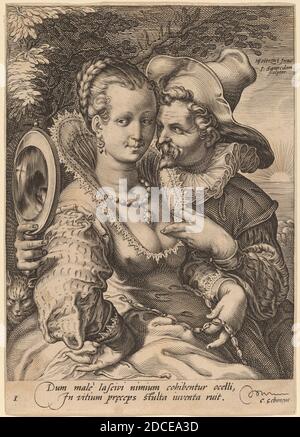 Jan Pietersz Saenredam, (artiste), Néerlandais, 1565 - 1607, Hendrick Goltzius, (artiste après), Néerlandais, 1558 - 1617, Sight, les cinq sens, (série), gravure sur papier coulé Banque D'Images