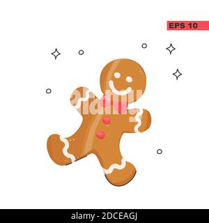 Homme de pain d'épice dessiné à la main isolé sur fond blanc. Biscuits en forme humaine avec glaçure colorée. Illustration vectorielle festive de l'homme de pain d'épice en fla Illustration de Vecteur