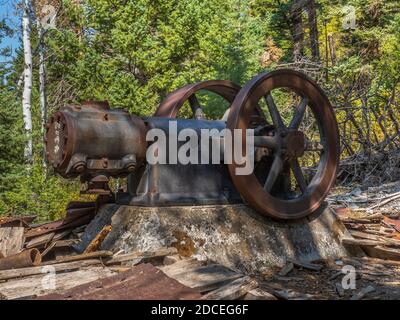 Pompe abandonnée, site de la mine Old Maid, sentier de Dexter Creek, forêt nationale d'Uncompahgre, Ouray, Colorado. Banque D'Images