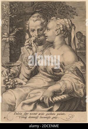 Jan Pietersz Saenredam, (artiste), Néerlandais, 1565 - 1607, Hendrick Goltzius, (artiste après), Néerlandais, 1558 - 1617, Taste, The Five Senses, (série), gravure Banque D'Images