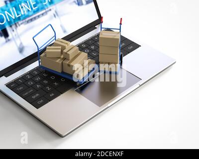 Concept d'achat en ligne avec 3d rendu hadn camion sur ordinateur ordinateur portable Banque D'Images