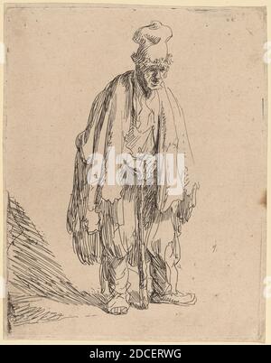 Rembrandt van Rijn, (artiste), néerlandais, 1606 - 1669, mendiant dans un haut cap, debout et penchée sur un bâton, c. 1630, gravure Banque D'Images