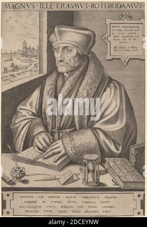 Frans Huys, (artiste), Flamand, 1522 - 1562, Hans Holbein le jeune, (artiste d'après), Allemand, 1497/1498 - 1543, Erasmus de Rotterdam, gravure Banque D'Images