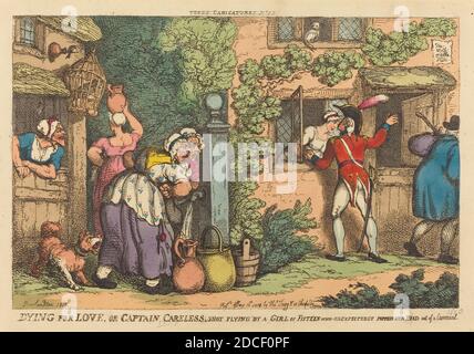 Thomas Rowlandson, (artiste), Britannique, 1756 - 1827, mourir pour l'amour, ou Capitaine de fessée par une fille de quinze, qui a soudainement sorti sa tête d'un Casement, 1810, gravure de couleur main Banque D'Images