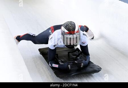 Sigulda, Lettonie. 20 novembre 2020. Janine Flock, d'Autriche, participe à la finale du squelette féminin de la coupe du monde de l'IBSF, série Bobsleigh et Skeleton, à Sigulda, en Lettonie, le 20 novembre 2020. Crédit: Edijs Palens/Xinhua/Alamy Live News Banque D'Images