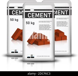 3d réaliste vecteur trois sacs de ciment avec des briques rouges de construction dessus. Illustration de Vecteur