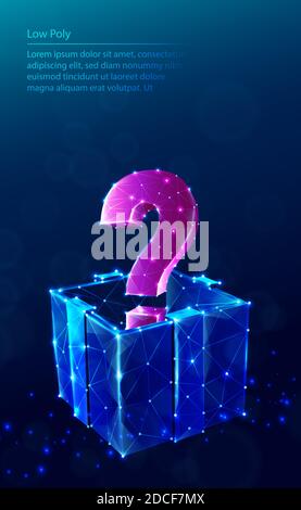 Vector TECH, fond bleu poly bas. Avec la boîte cadeau et l'affiche de questions. Illustration de Vecteur