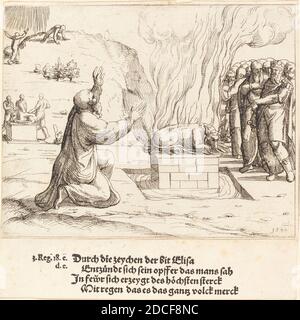 Augustin Hirschvogel, (artiste), allemand, 1503 - 1553, les sacrifices rivaux d'Élie et les prêtres de Baal, concordance ancien et nouveau Testament, (série), 1548, gravure Banque D'Images