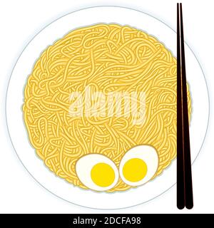 Nouilles chinoises sur plaque avec œufs durs et baguettes. Spaghetti, pâtes ou nouilles ramen sur fond blanc. Illustration vectorielle Illustration de Vecteur