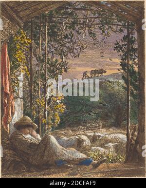 Samuel Palmer, (artiste), Britannique, 1805 - 1881, le Berger de nuit; début de matinée, 1857, gravure, couleur à la main avec aquarelle et blanc opaque avec des reflets dorés, assiette: 9.5 x 7.8 cm (3 3/4 x 3 1/16 po), hors tout (dimension du tapis): 27.9 x 35.6 cm (11 x 14 po Banque D'Images