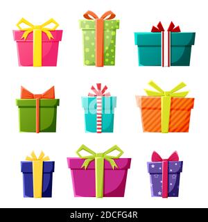 Ensemble vectoriel d'icônes de boîtes-cadeaux en couleur pour le nouvel an, Noël ou les fêtes de fête. Illustration de Vecteur