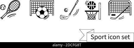 Collection vectorielle d'icônes noires linéaires sportives. Hockey, basket-ball, football, golf et tennis. Illustration de Vecteur