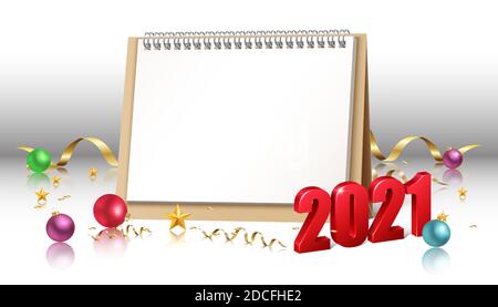 Bannière de Noël réaliste avec calendrier de table et chiffres rouges 3d 2021. Banderole décorative des fêtes. Illustration de Vecteur