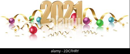 2021 Happy Year design, illustration de la 3d Golden 2021 logo numéros avec des boules de Noël, NY célébration invitation sur fond blanc. Illustration de Vecteur