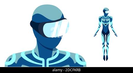 Simulateur de réalité virtuelle dans le concept de micro-casque. Utilisateur homme en costume bleu portant des lunettes VR casque isolé sur fond blanc. Illustration du vecteur eps futuriste Illustration de Vecteur