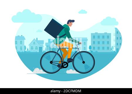 Jeune homme messagerie avec sac à dos à vélo et porte des marchandises et des colis de nourriture sur la rue de la ville. Jeune gars rapide vélo ECO service de commande de livraison. Illustration du vecteur eps Illustration de Vecteur