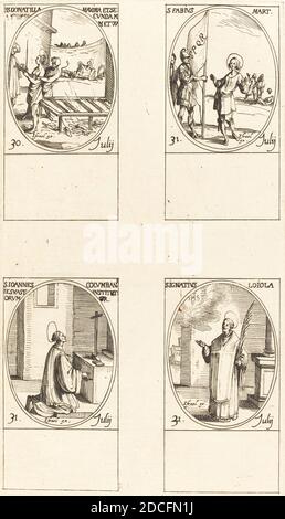 Jacques Callot, (artiste), français, 1592 - 1635, STS. Donatilla, Maxima & Secunda ; St. Fabius ; St. John Colombini; Saint Ignatius Loyola, le Calendrier des Saints, (série), gravure Banque D'Images