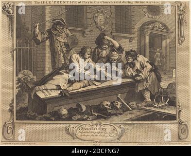 William Hogarth, (artiste), Anglais, 1697 - 1764, The Idle 'Prentice at Play in the Church Yard, pendant le service Divin, l'industrie et l'idleness: pl.3, (série), 1747, gravure et gravure Banque D'Images