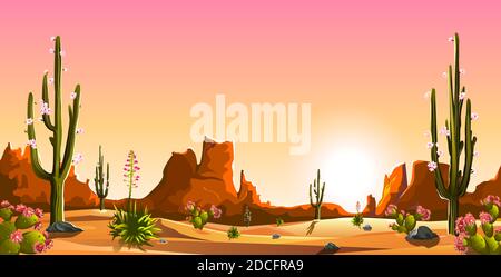 Désert mexicain. Cactus fleuris. Les montagnes. Coucher de soleil. Paysage. Cactus Saguaro. Illustration de Vecteur