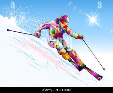 Un skieur mâle descend sur des skis sur fond de ciel et de soleil. Skieur alpin sur une pente enneigée. Illustration de Vecteur