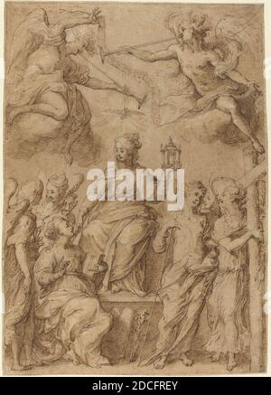 Bernardo Strozzi, (artiste), Genoese-Venetian, 1581/1582 - 1644, Ecclesia entouré d'Anges tenant les instruments de la passion, stylo et encre marron sur la craie noire rehaussé de blanc sur le papier cousu, total: 25 x 17.6 cm (9 13/16 x 6 15/16 po Banque D'Images
