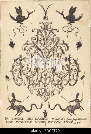 Daniel Mignot, (artiste), allemand, actif 1593/1596, titre-page: Broche, animaux ressemblant à des escargots ci-dessus, Centaures avec bannières en bas, broches: pl.1, (série), 1596, gravure Banque D'Images
