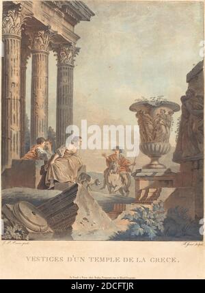 Jean-François Janinet, (artiste), français, 1752 - 1814, Giovanni Paolo Panini, (artiste d'après), romain, 1691 - 1765, vestiges d'un temple de la GRECE, aquatuint de couleur et gravure Banque D'Images