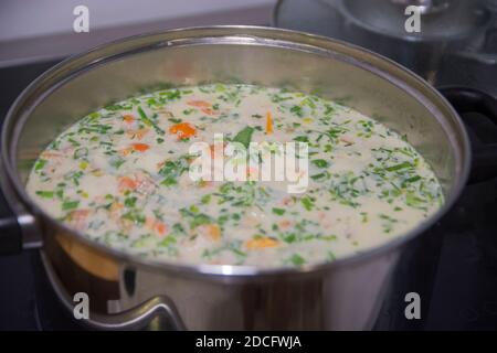 Ciorba Radauteana , une soupe aigre de poulet typique, originaire de la ville de Radauti, dans la région historique de Bukovina, Roumanie Banque D'Images