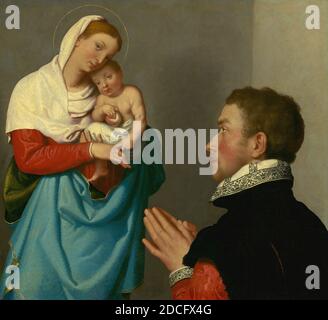 Giovanni Battista Moroni, (artiste), Italien, c. 1525 - 1578, UN monsieur en adoration devant la Madonna, c. 1560, huile sur toile, hors tout : 59.7 x 64.8 cm (23 1/2 x 25 1/2 in.), encadré : 80 x 85.4 x 7 cm (31 1/2 x 33 5/8 x 2 3/4 in Banque D'Images