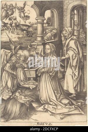 Israhel van Meckenem, (artiste), allemand, c. 1445 - 1503, Hans Holbein The Elder, (artiste d'après), allemand, c. 1465 - 1524, la Nativité, la vie de la Vierge, (série), c. 1490/1500, gravure, feuille (découpée au repère de la plaque) : 26.8 x 18.7 cm (10 9/16 x 7 3/8 po Banque D'Images