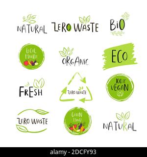 Logo ou affiche Zero Waste dessiné à la main. ECO badge, étiquette pour le shopping, pas de marché en plastique, produits emballage.feuilles naturelles, branches, éléments végétaux avec Illustration de Vecteur