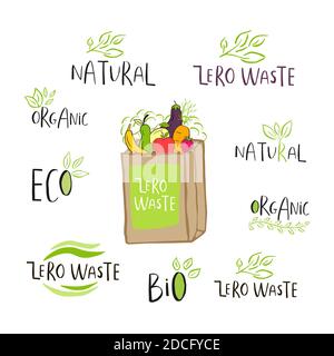 Logo ou affiche Zero Waste dessiné à la main. ECO badge, étiquette pour le shopping, pas de marché en plastique, produits emballage.feuilles naturelles, branches, éléments végétaux avec Illustration de Vecteur