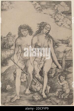 Cristofano Robetta, (artiste), italien, 1462 - 1535 ou après, Adam et Eve avec les nourrissons Caïn et Abel, gravure, feuille (taillée à la marque de l'assiette): 25.7 x 17.8 cm (10 1/8 x 7 po Banque D'Images