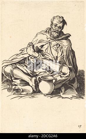 Français XVIIe siècle, (artiste), Jacques Callot, (artiste d'après), français, 1592 - 1635, l'homme malade, les mendiants, (série), gravure Banque D'Images