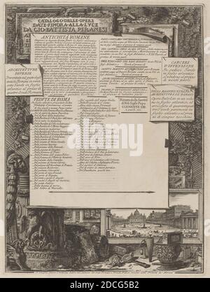 Giovanni Battista Piranesi, (auteur), Venetian, 1720 - 1778, Francesco Piranesi, (auteur), Italien, c. 1758 - 1810, Catalogo delle Opere Date Finora Alla Lvce Da Gio Battista Piranesi, gravure et gravure sur papier à poser, plaque: 40 x 29.6 cm (15 3/4 x 11 5/8 in.), feuille: 53.4 x 42.3 cm (21 x 16 5/8 in Banque D'Images